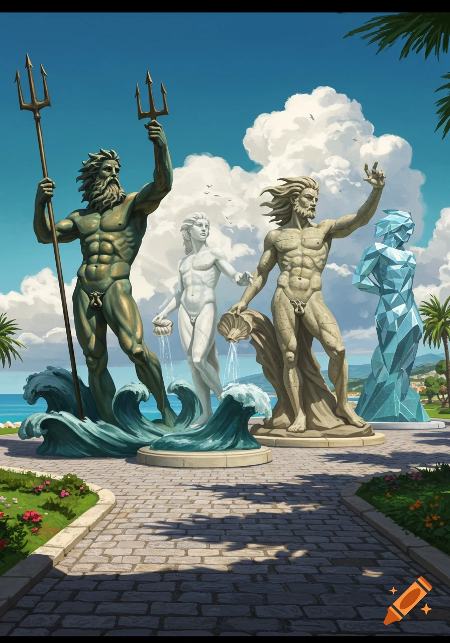 Four large statues of mythological figures, including Poseidon, with sculpted waves and tridents, along a paved path by the sea.