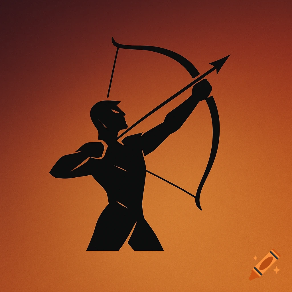 A black silhouette of an archer aiming a bow and arrow against an orange gradient background.