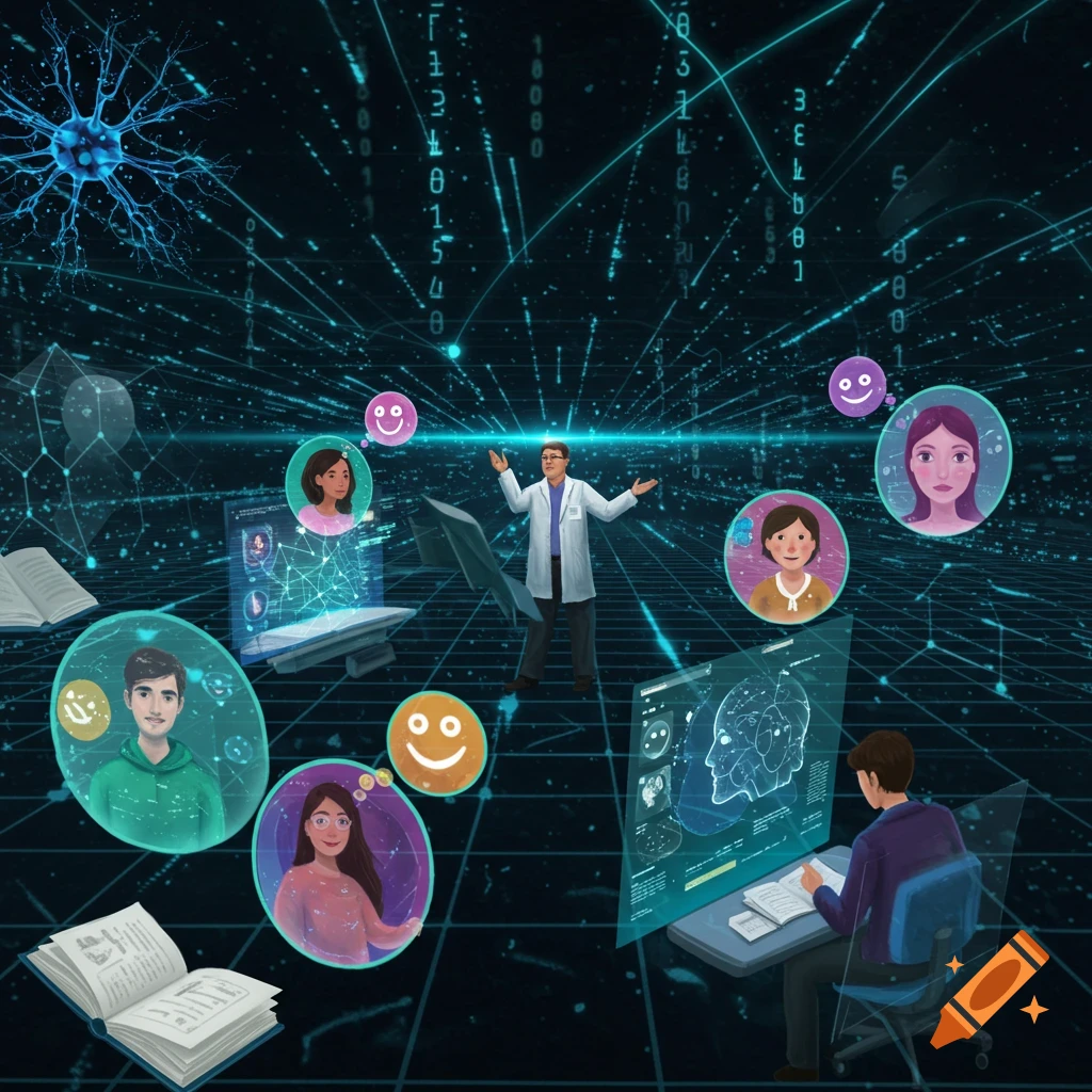 An illustration of an online psychology classroom with a professor in a lab coat, student avatars, and a student at a desk in a digital data environment.