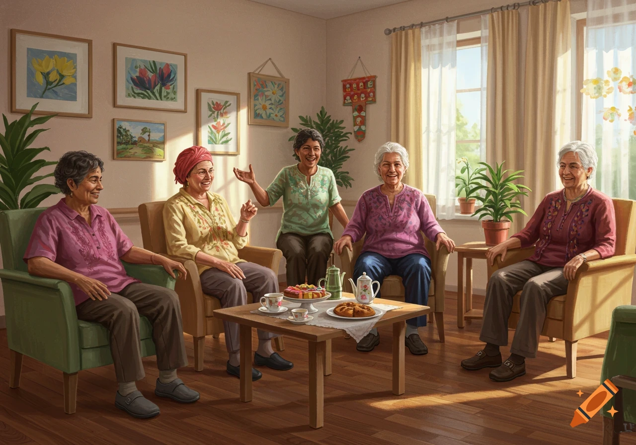 Five smiling elderly women of Indian descent having tea and chatting in a bright, cozy living room, painted in a realistic style.