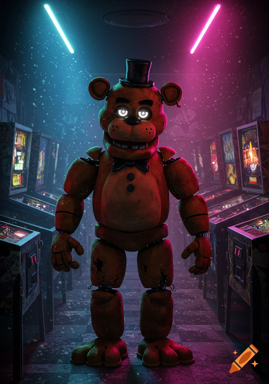 Freddy Fazbear, a brown animatronic bear with a top hat and glowing eyes, stands in a neon-lit arcade among pinball machines.
