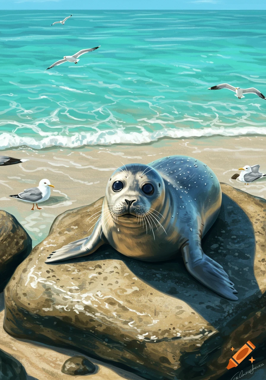 Illustrative close-up of a baby harbor seal on a wet rock at the beach, with seagulls and turquoise ocean waves.