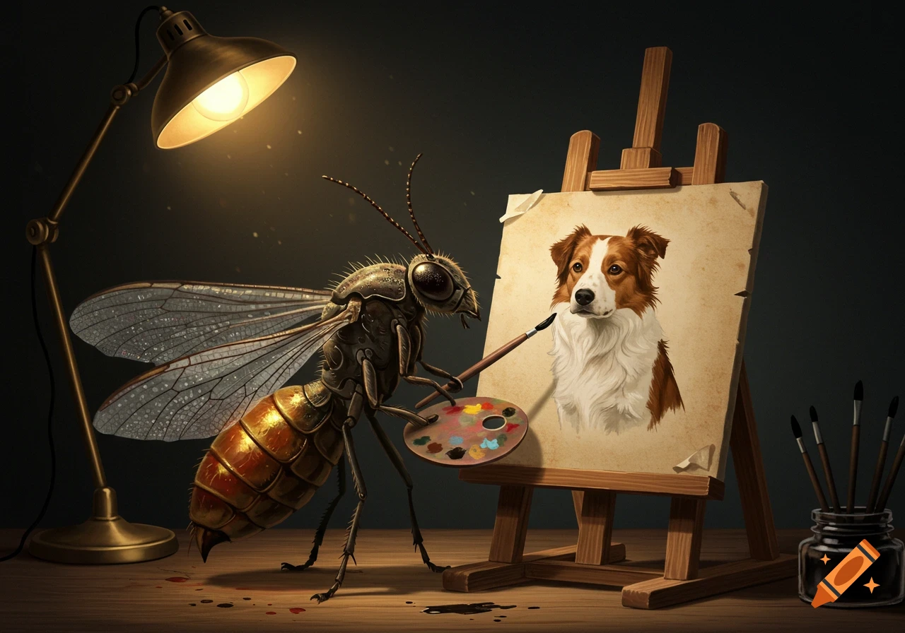 A large, realistic insect with a golden abdomen paints a portrait of a brown and white dog on an easel, illuminated by a desk lamp.