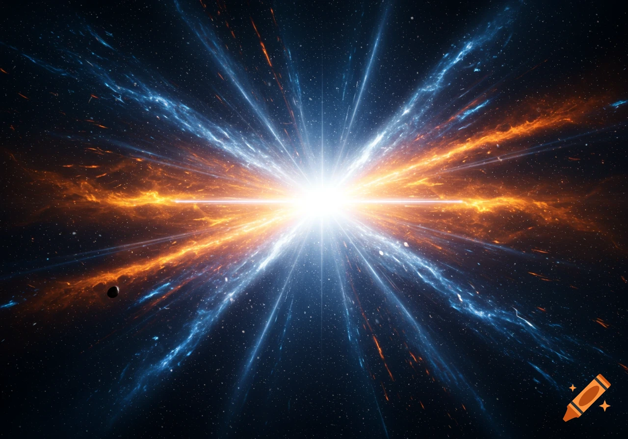 A brilliant white light explosion with radiating blue and orange energy streams against a star-filled dark cosmic background.