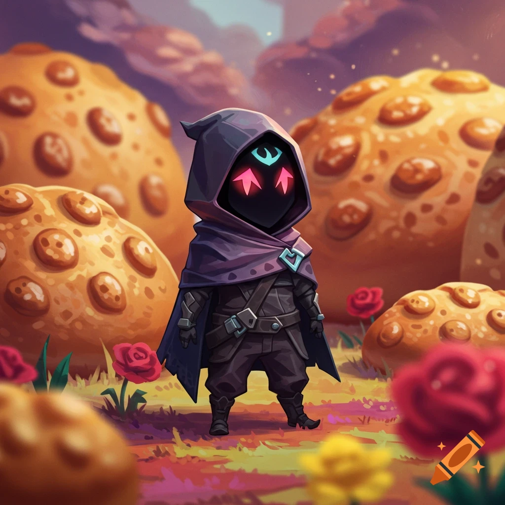 A cute chibi character in a dark hooded cloak with glowing pink eyes and a blue symbol stands in a colorful field with giant cookie-like mounds and red flowers.