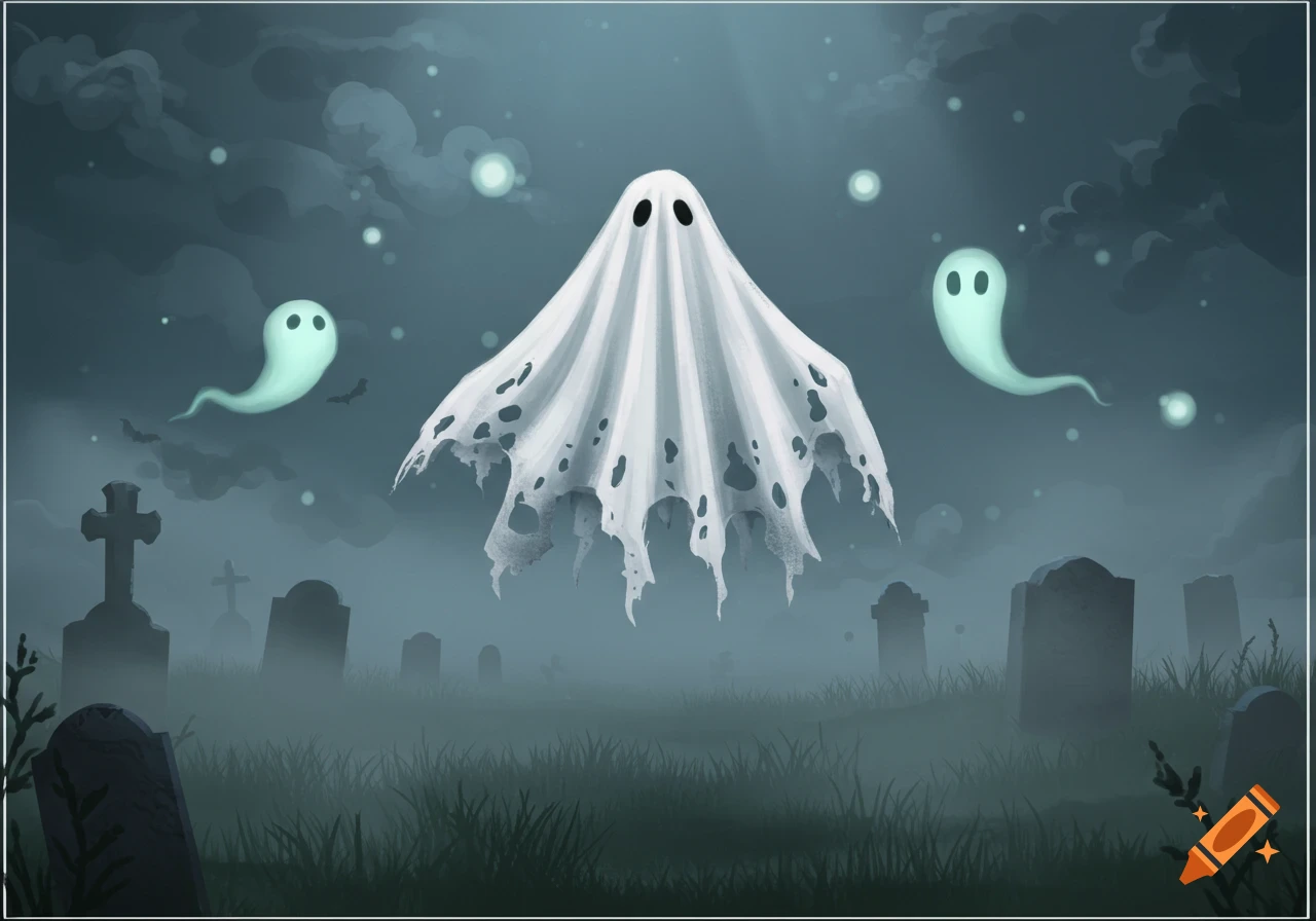 Cartoon illustration of a large ghost with holes in its sheet floating above a misty graveyard with smaller ghosts and bats.