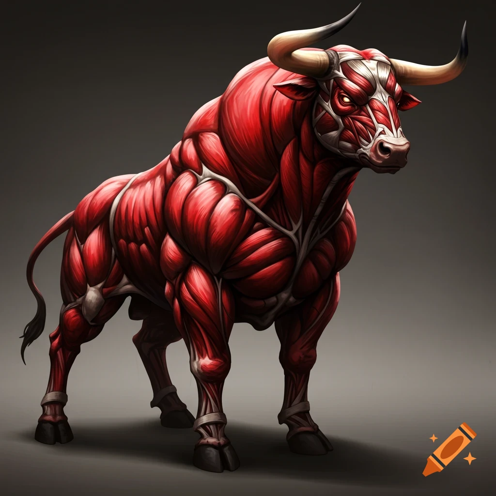 A powerful, muscular bull with exposed red muscles, white sinews, and large horns, standing dynamically with an intense gaze. Highly detailed and stylized on a dark background.