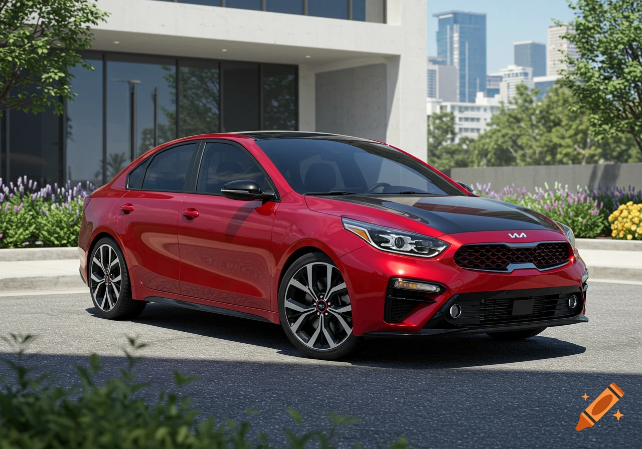 A shiny red 2021 Kia Forte sedan with a black hood is parked on asphalt in front of a modern building and city skyline.