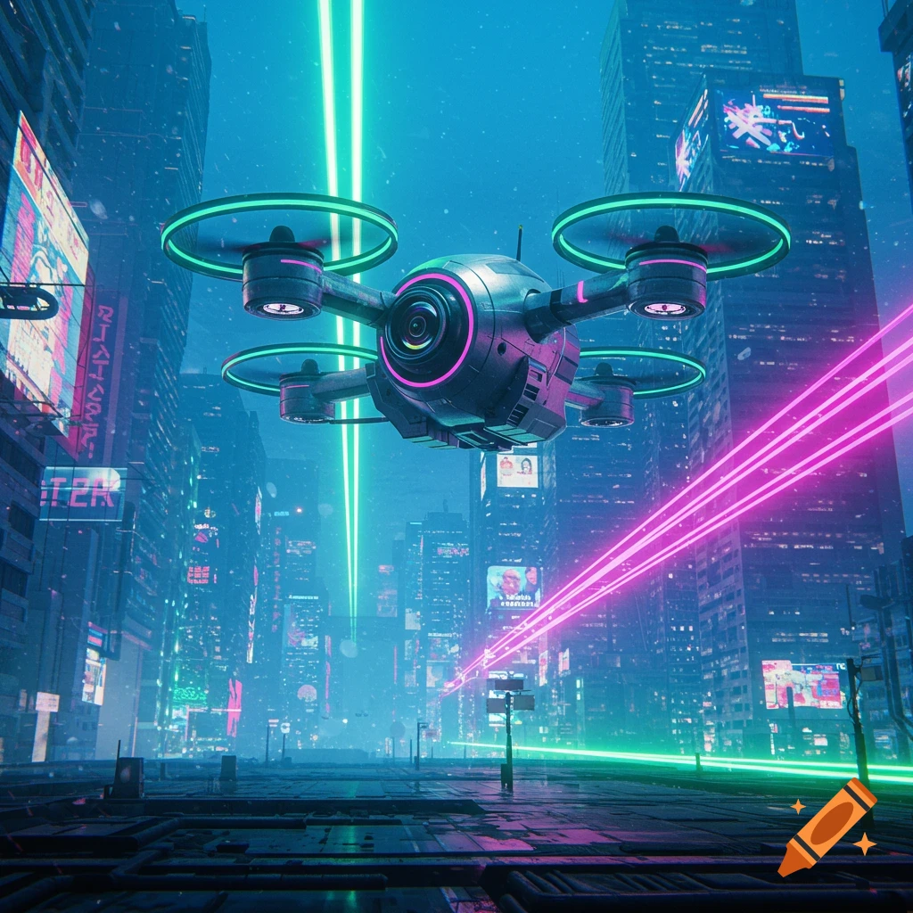 A futuristic drone with glowing green and pink rotors flies over a neon-lit cyberpunk city at night.