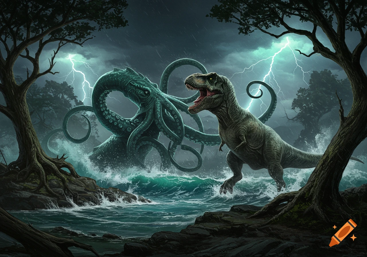 An epic battle scene with a T-Rex roaring at a giant kraken emerging from stormy, lightning-filled seas, framed by dark trees.