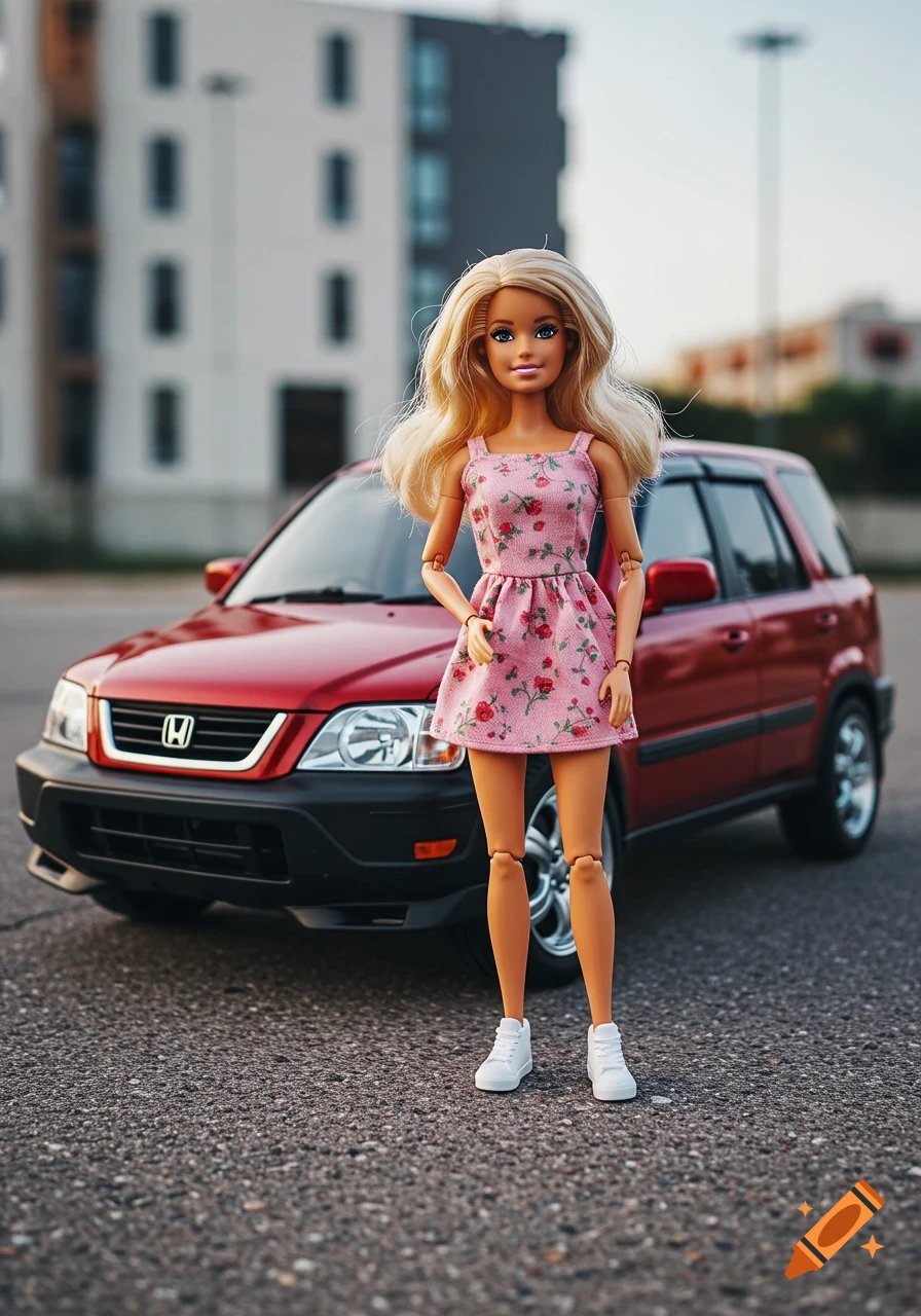 A photorealistic image of a Barbie doll in a pink floral dress and white sneakers posing next to a red Honda CRV on an asphalt road.