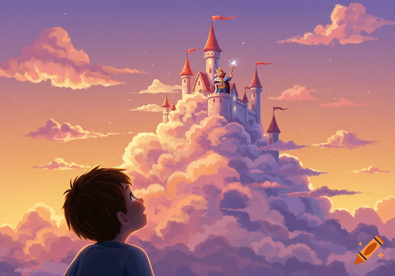 A boy looks up at a magical cloud castle with a king on its highest turret during a colorful sunset, in a cartoon style.