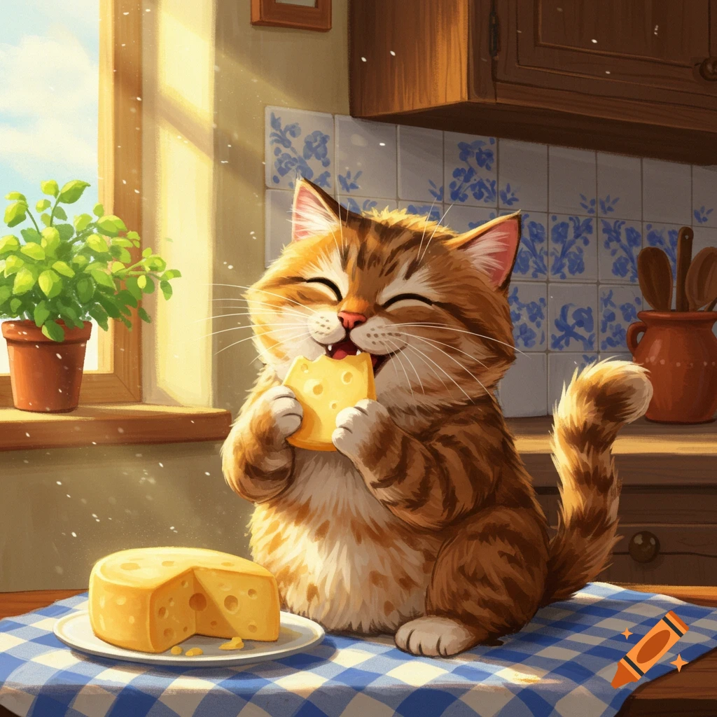 A cheerful, fluffy orange tabby cat happily eats a large slice of Swiss cheese on a blue and white checkered tablecloth in a sunlit kitchen.