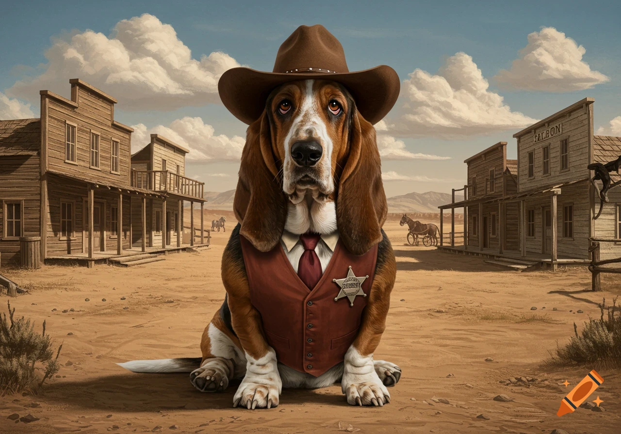 Photorealistic basset hound dressed as a sheriff, wearing a hat and vest with a star badge, sits in a dusty Wild West town.