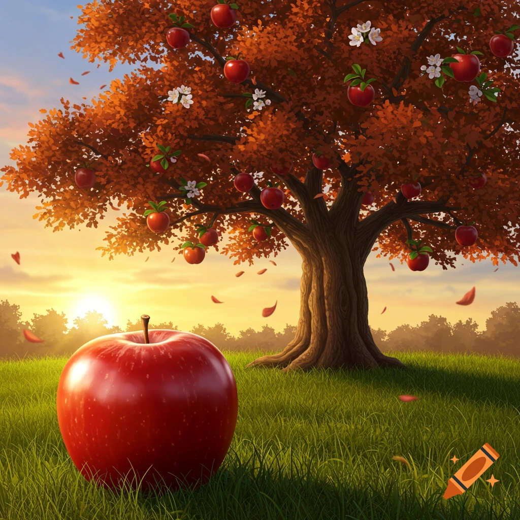 A large red apple sits in green grass with a vibrant autumn apple tree under a sunset sky, fallen leaves around.
