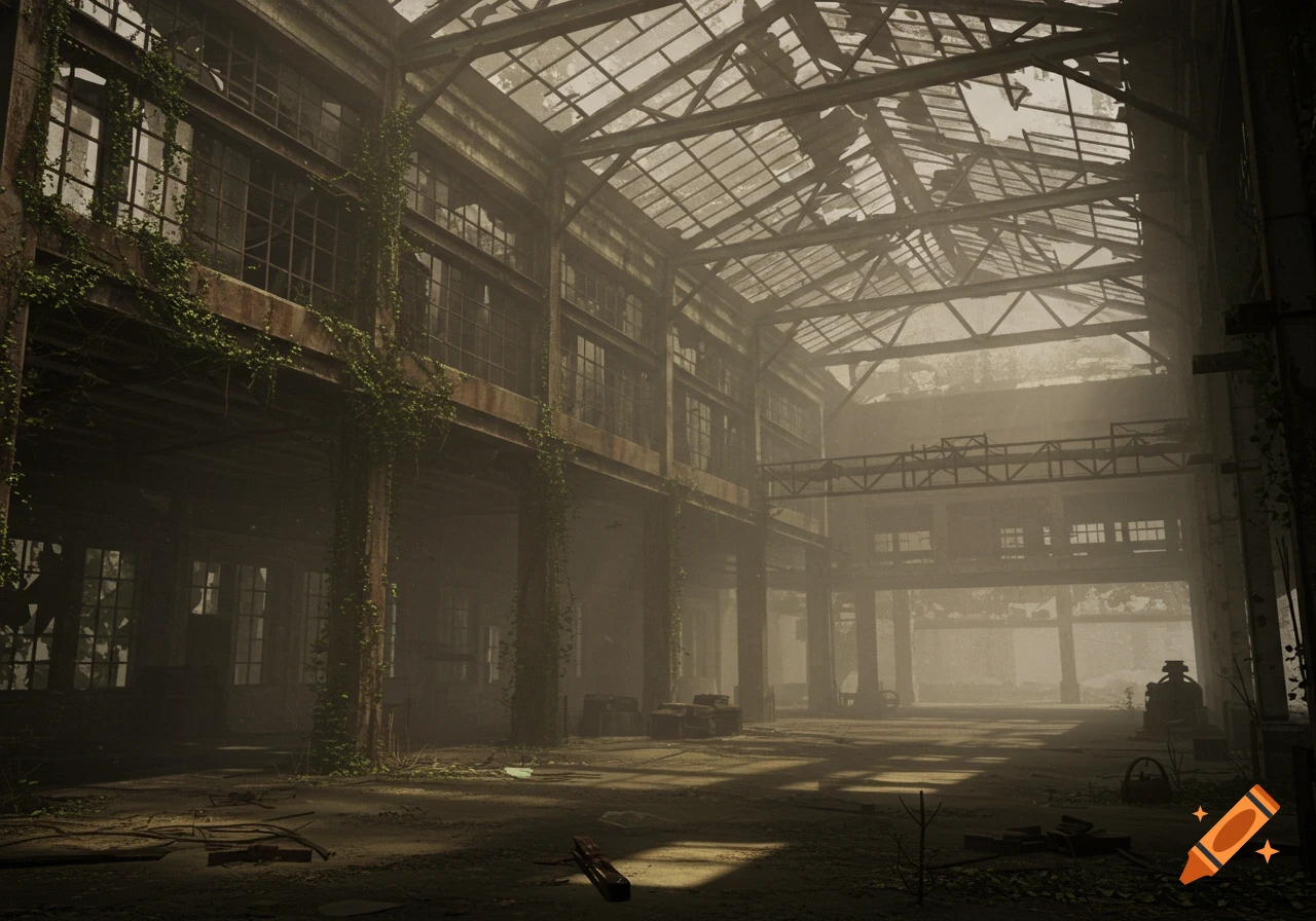 Photorealistic interior of a vast, decaying abandoned factory with a high glass roof, overgrown vines, and scattered debris.