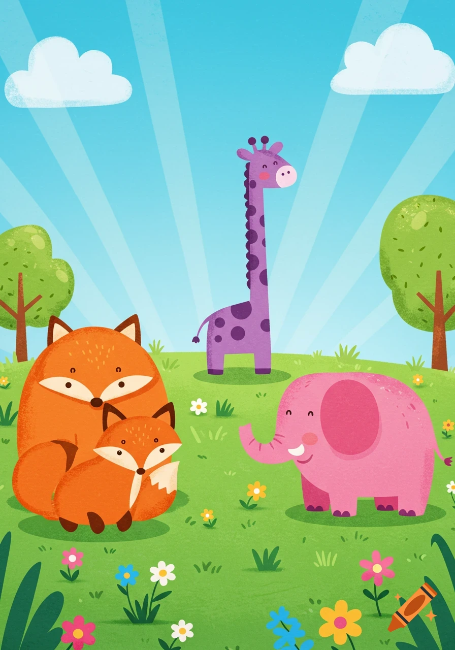 Cartoon illustration of an adult fox and cub, a purple giraffe, and a pink elephant on a green hill under a blue sky.