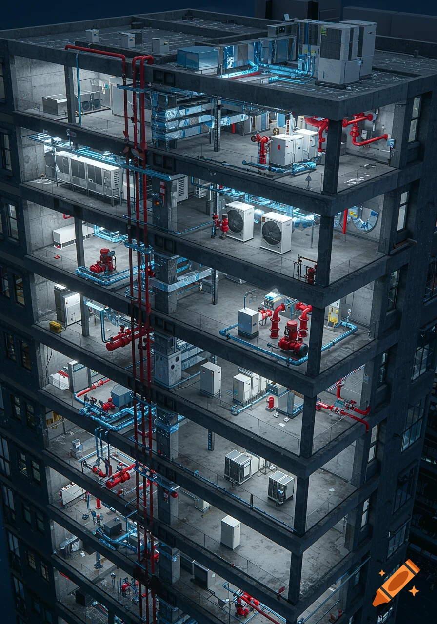 Detailed cross-section of a commercial building, showcasing its internal MEP systems with red and blue pipes and ducts.