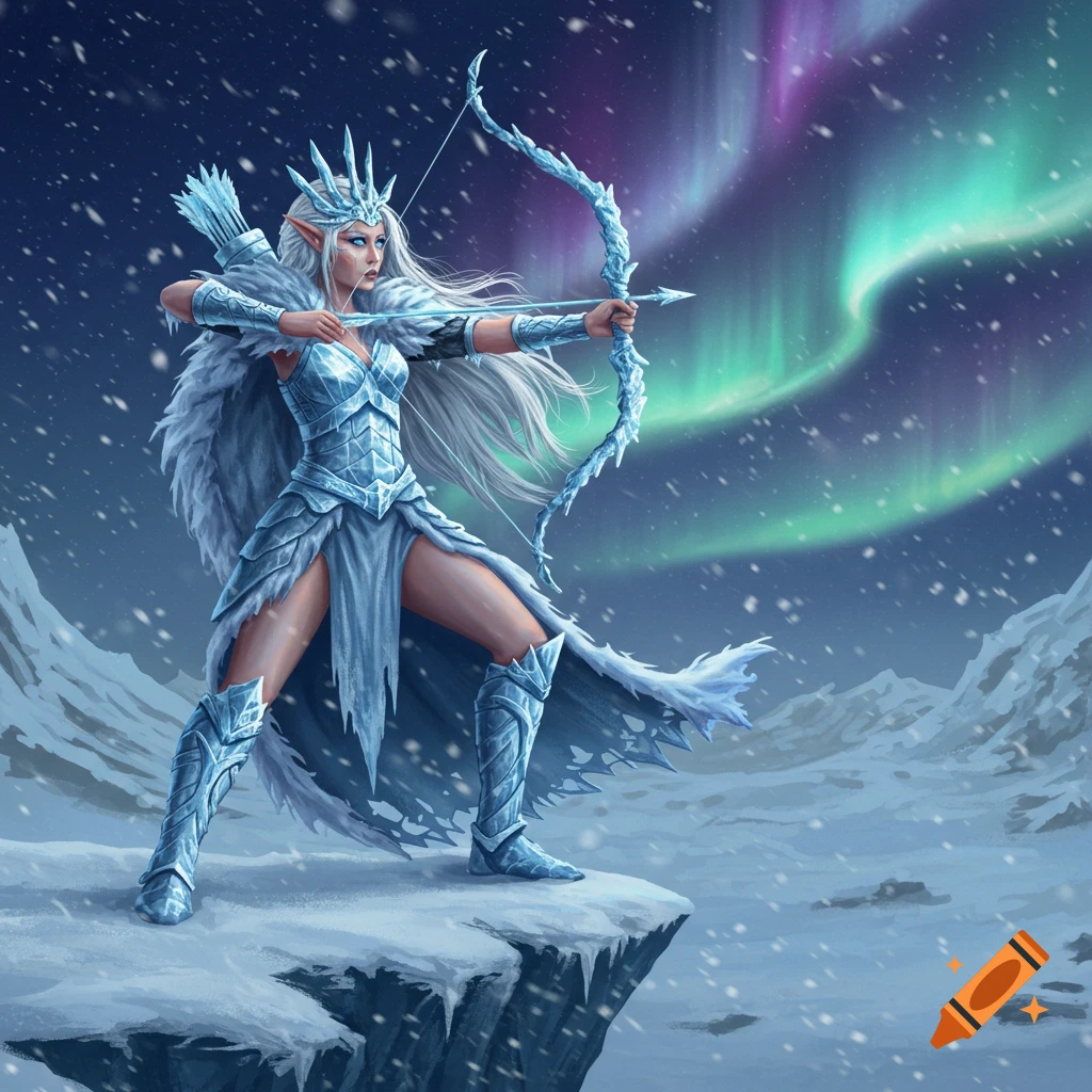 A majestic ice goddess elf archer in intricate ice armor aims a bow in a snowy mountain landscape under a vibrant aurora.