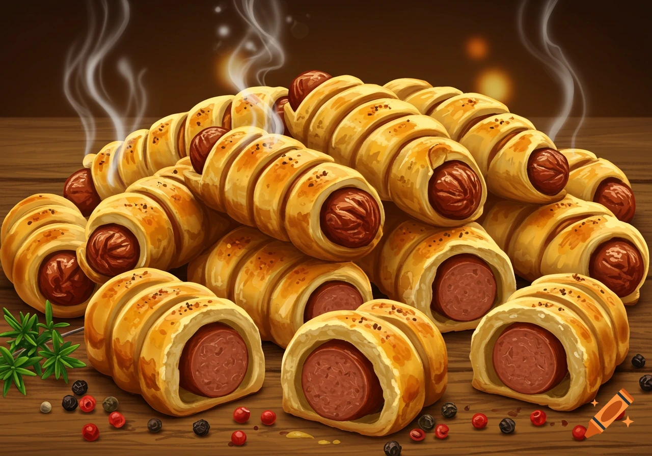 An illustration of steaming plant-based sausages wrapped in golden vegan pastry, with herbs and peppercorns on a wooden table.