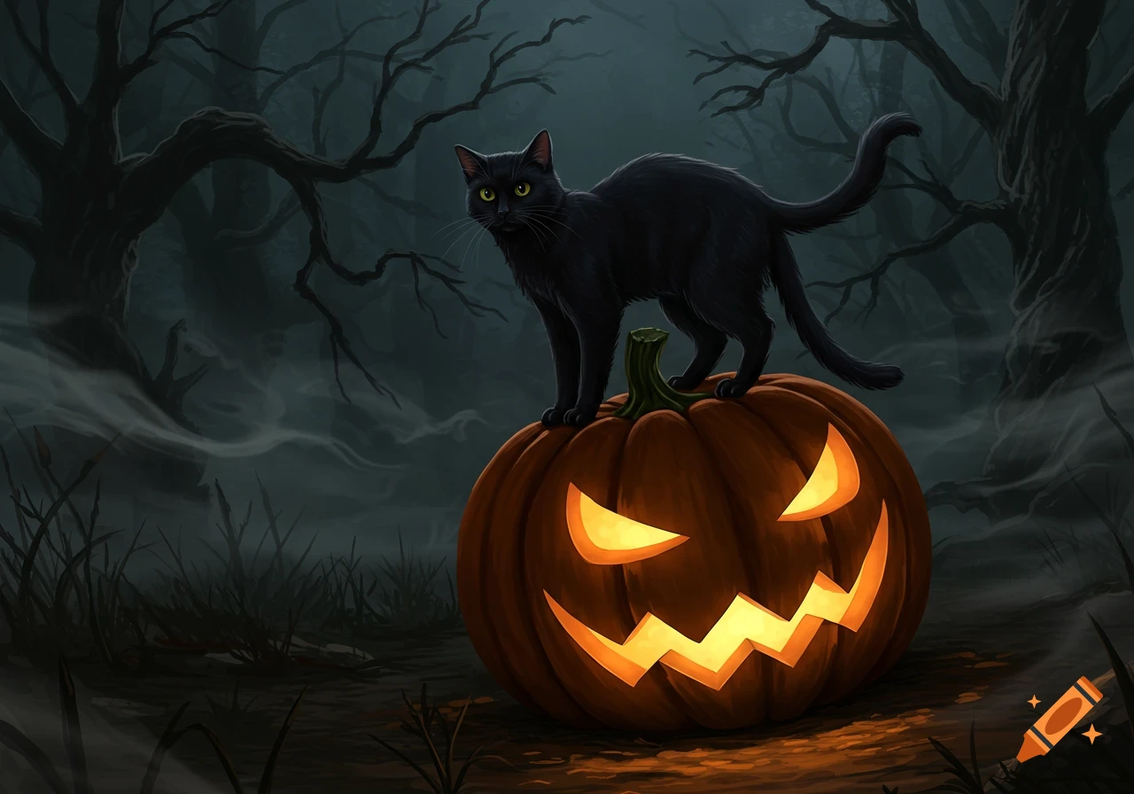 A black cat stands on a glowing jack-o'-lantern in a dark, misty forest with bare trees, in an illustrative style.