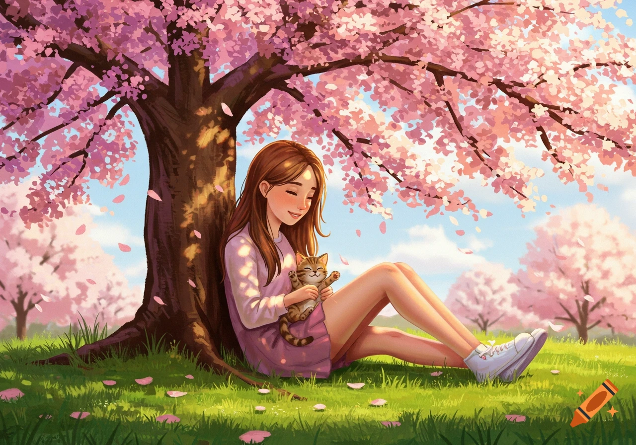 An anime-style girl sits under a pink cherry blossom tree, smiling while holding a striped kitten on her lap.