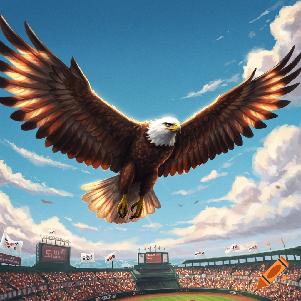 A majestic bald eagle soars with outstretched wings above a crowded baseball stadium under a bright blue, cloudy sky.