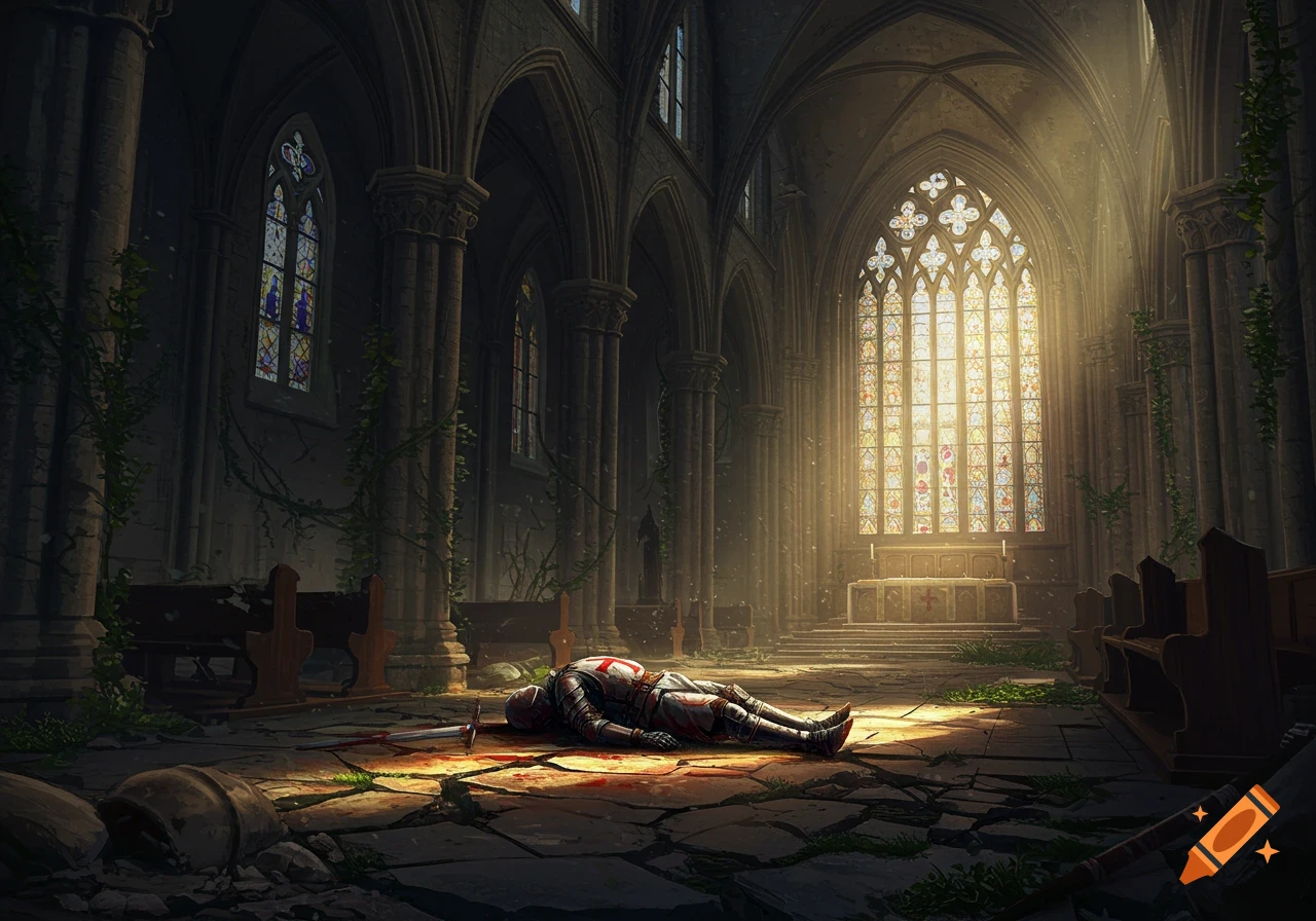 A fallen crusader in armor lies in blood on the floor of a ruined, sunlit cathedral with stained glass windows.