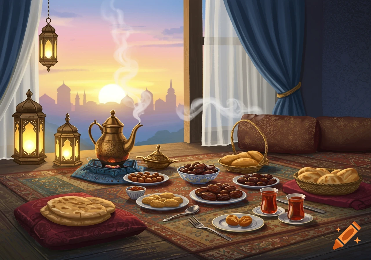 A traditional meal with dates, bread, and tea on a patterned rug, lit by lanterns, with a steaming copper teapot, against a sunset cityscape.