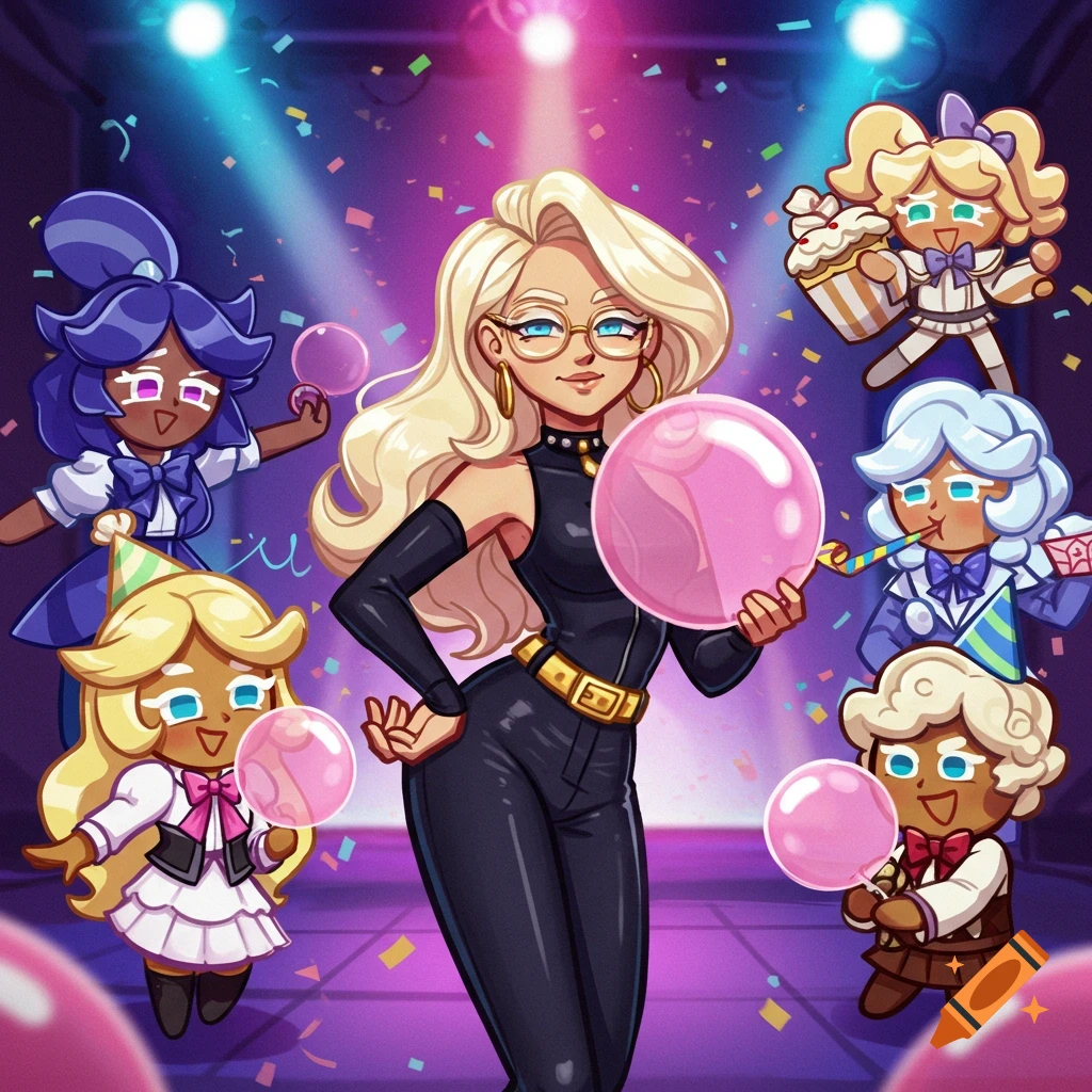 A blonde woman in a black catsuit holds a pink bubble, surrounded by five cartoon cookie characters at a vibrant party with confetti and spotlights.