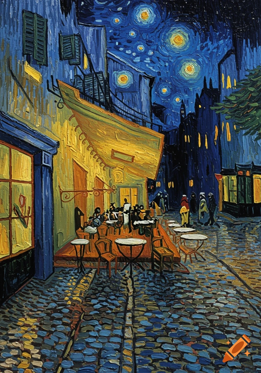 A Van Gogh style painting of a cafe terrace at night with people seated at tables and walking on a cobblestone street under a starry sky.