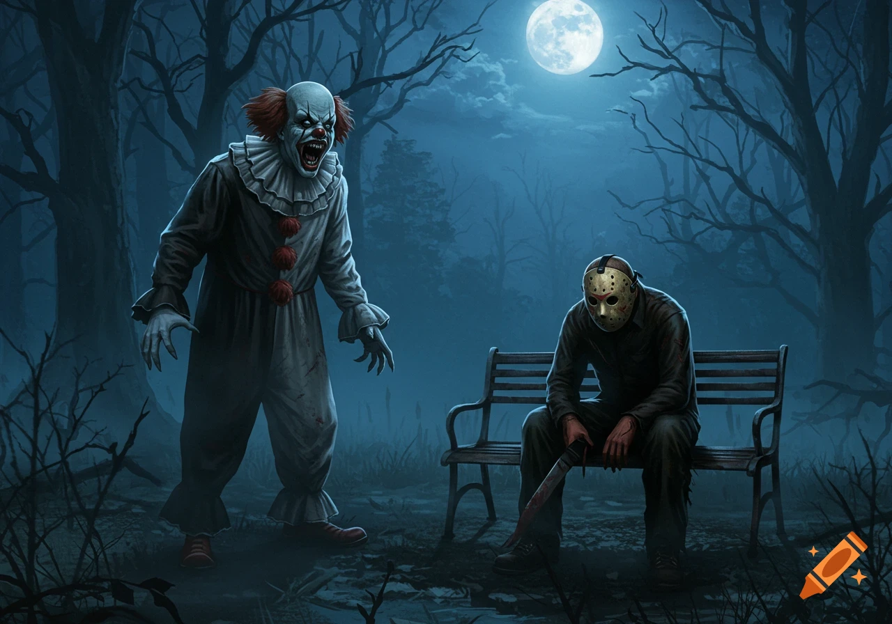 A menacing clown stands over Jason Voorhees, who sits on a bench holding a bloody machete in a dark, moonlit forest.