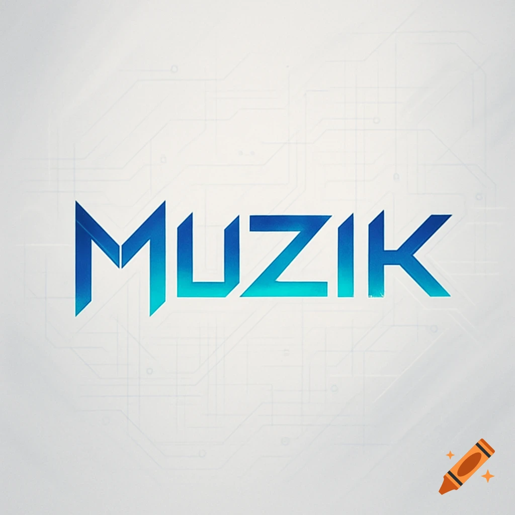Stylized blue and teal gradient text spelling 'MUZIK' against a light background with faint circuit lines.