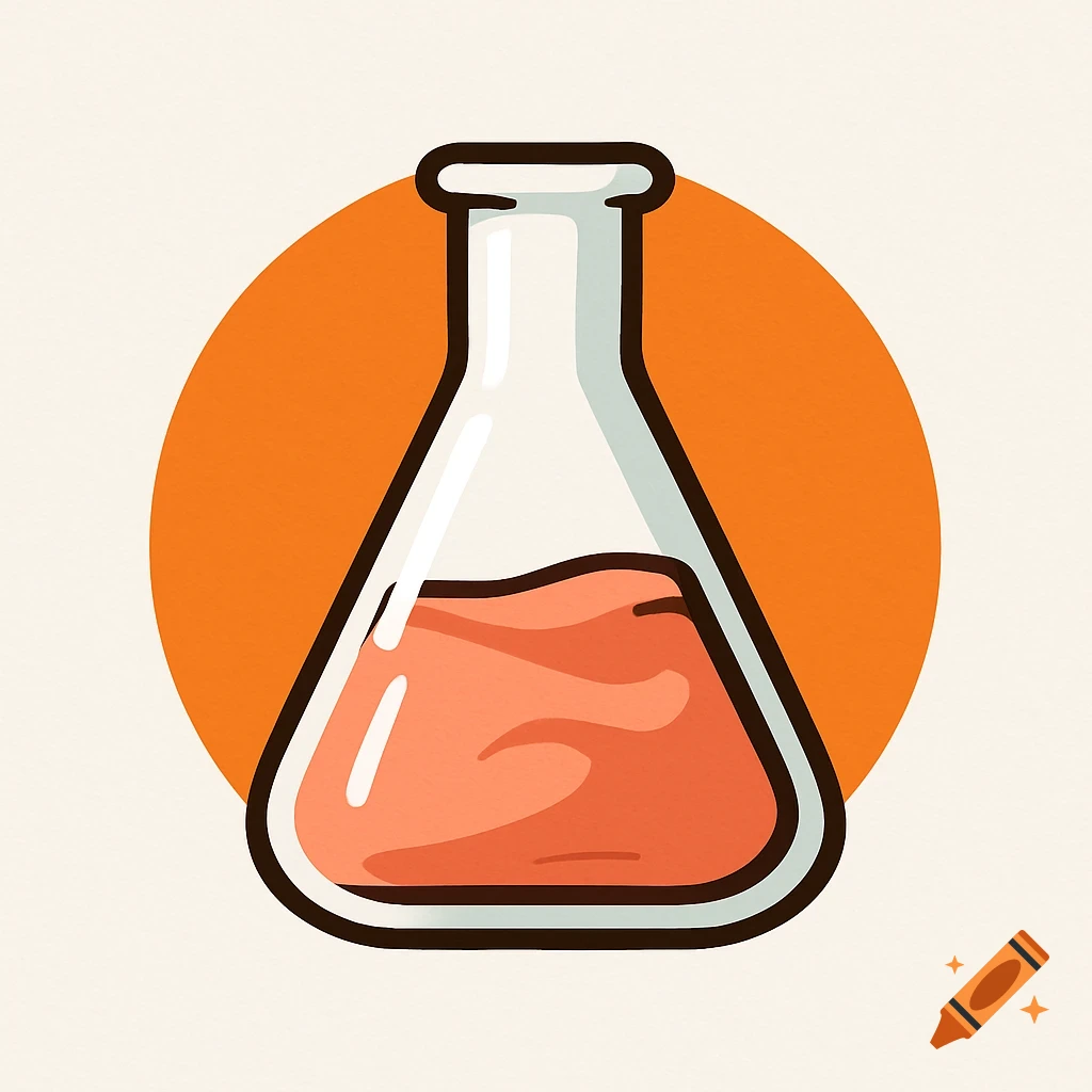 A white Erlenmeyer flask containing salmon-colored liquid, set against a solid orange circle, styled as a simple logo.