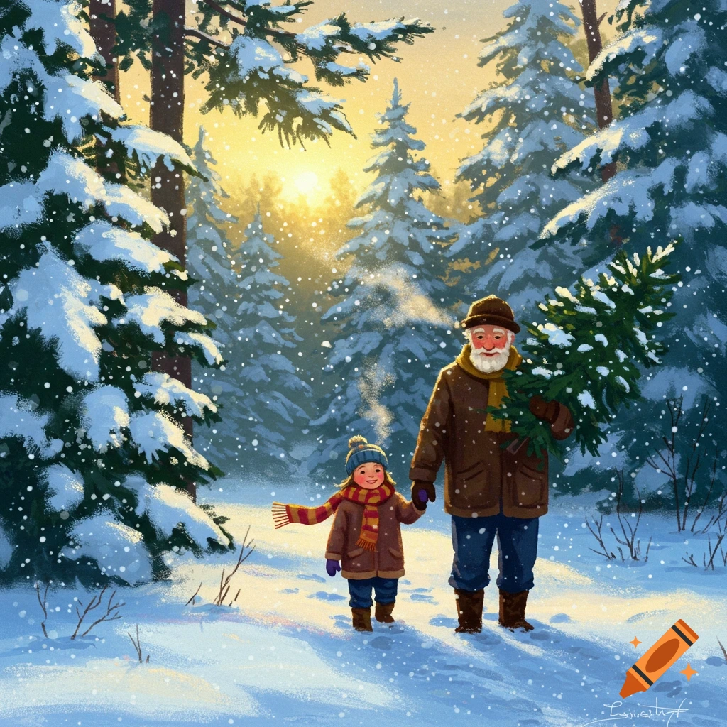 A smiling grandpa and child walk hand-in-hand through a snowy forest, carrying a Christmas tree, in a warm painterly style.