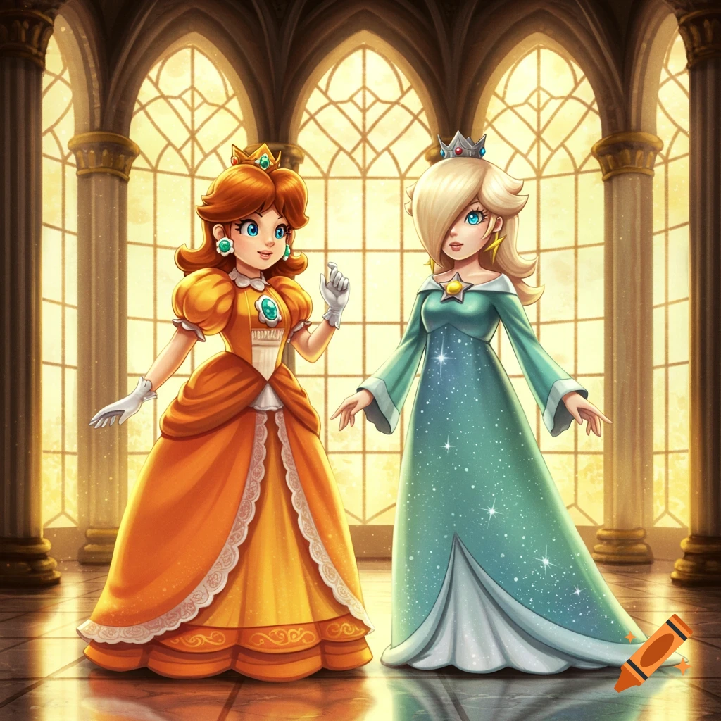 Princess Daisy in an orange gown and Princess Rosalina in a teal gown stand in a grand castle hall with large arched windows.