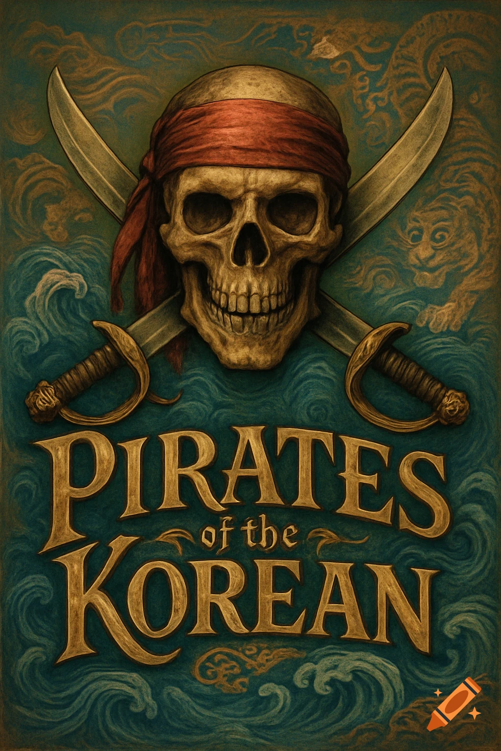 A stylized pirate logo features a skull wearing a red bandana with crossed sabers behind it, above the words 'PIRATES of the KOREAN' in gold lettering, on a teal background with swirling patterns.