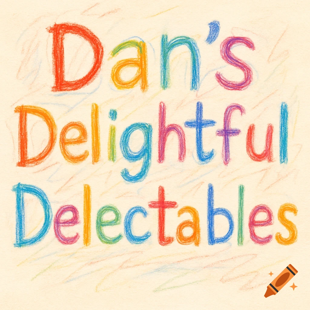 The words "Dan's Delightful Delectables" written in colorful, crayon-like text on a light background, resembling a child's drawing.