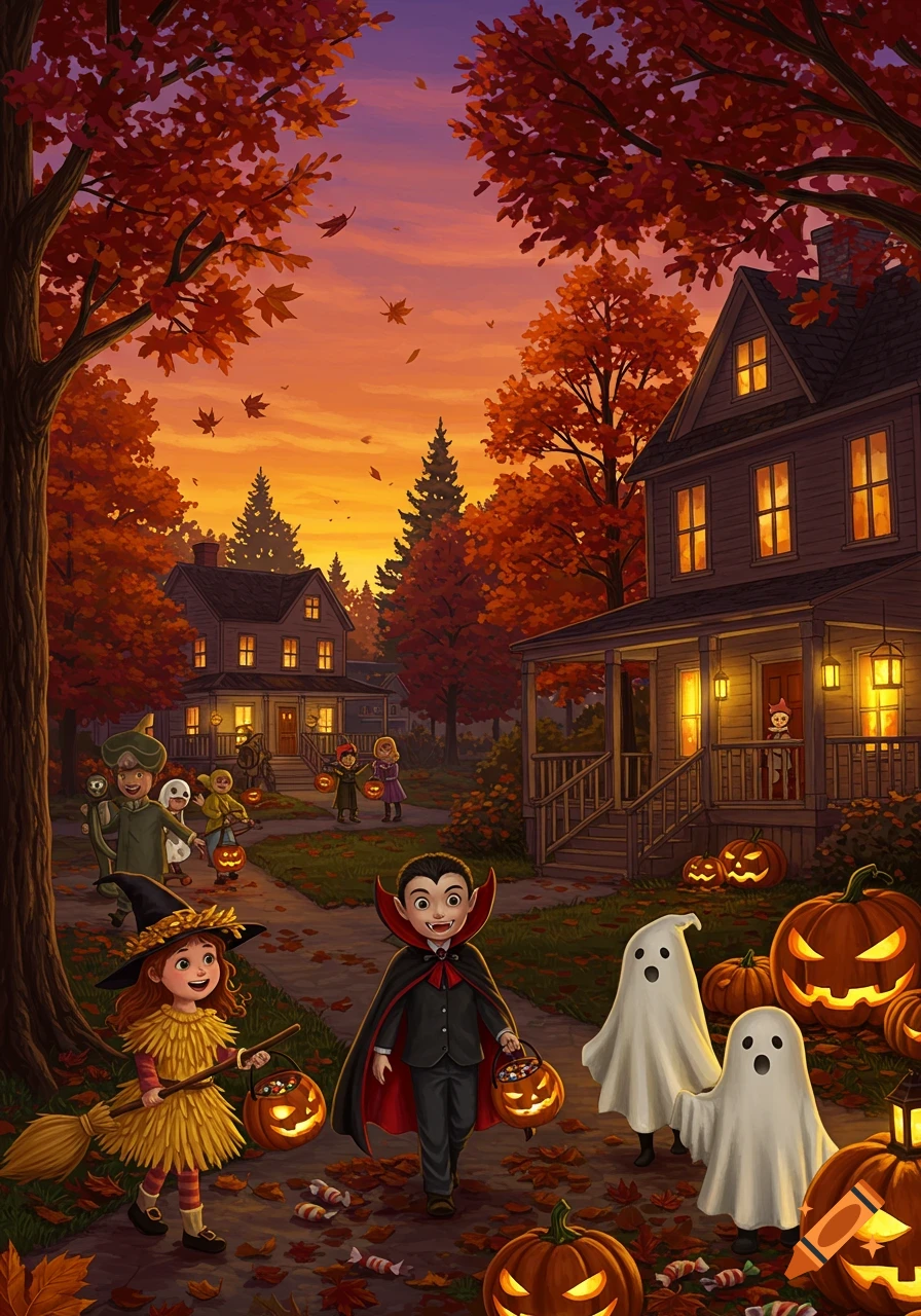 Illustrated Halloween scene: kids in costumes, a witch, vampire, and ghosts, trick-or-treating in a fall neighborhood with pumpkins at sunset.