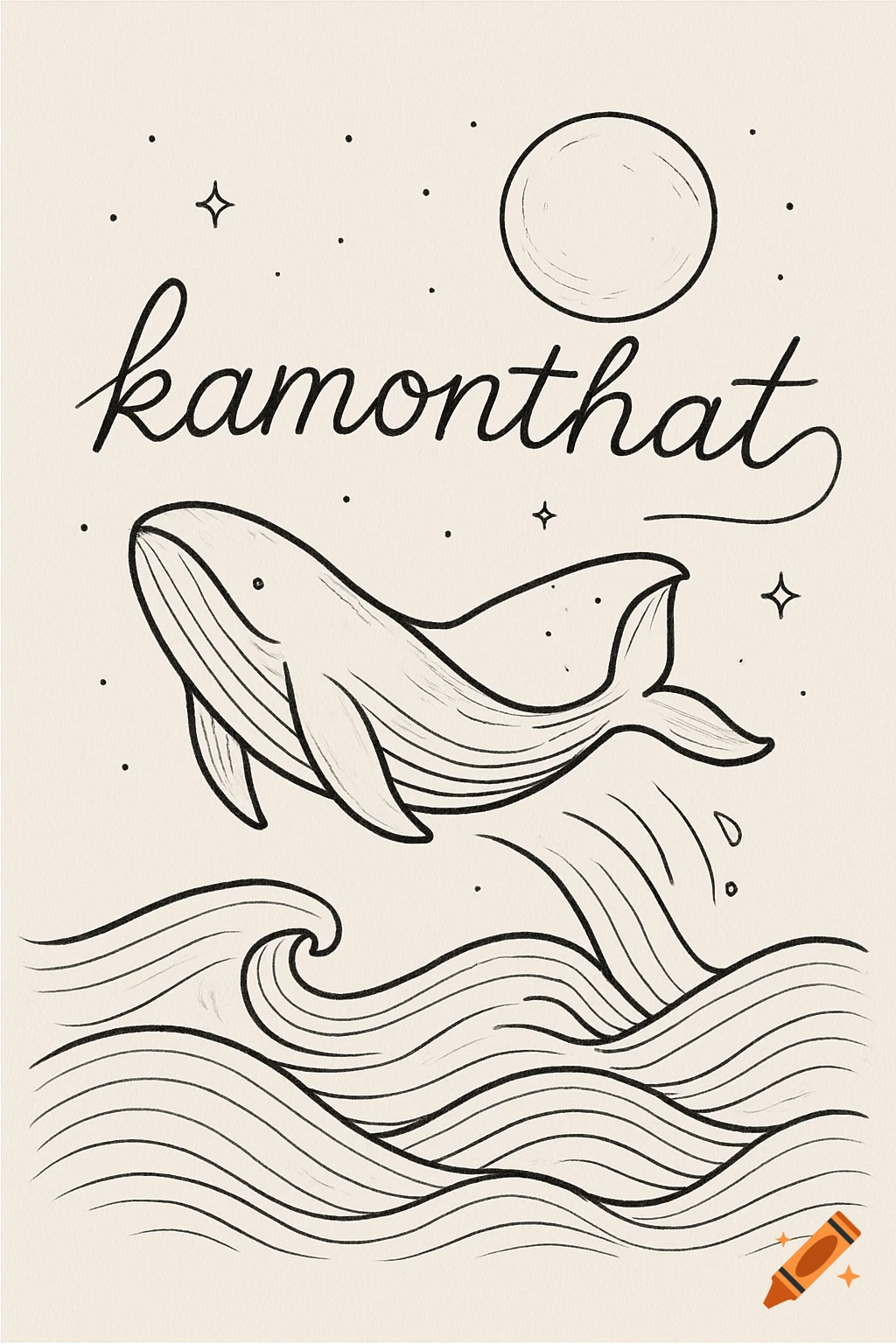 A whimsical line art illustration of a whale leaping over ocean waves under a moon and stars, with the word 'kamonthat'.