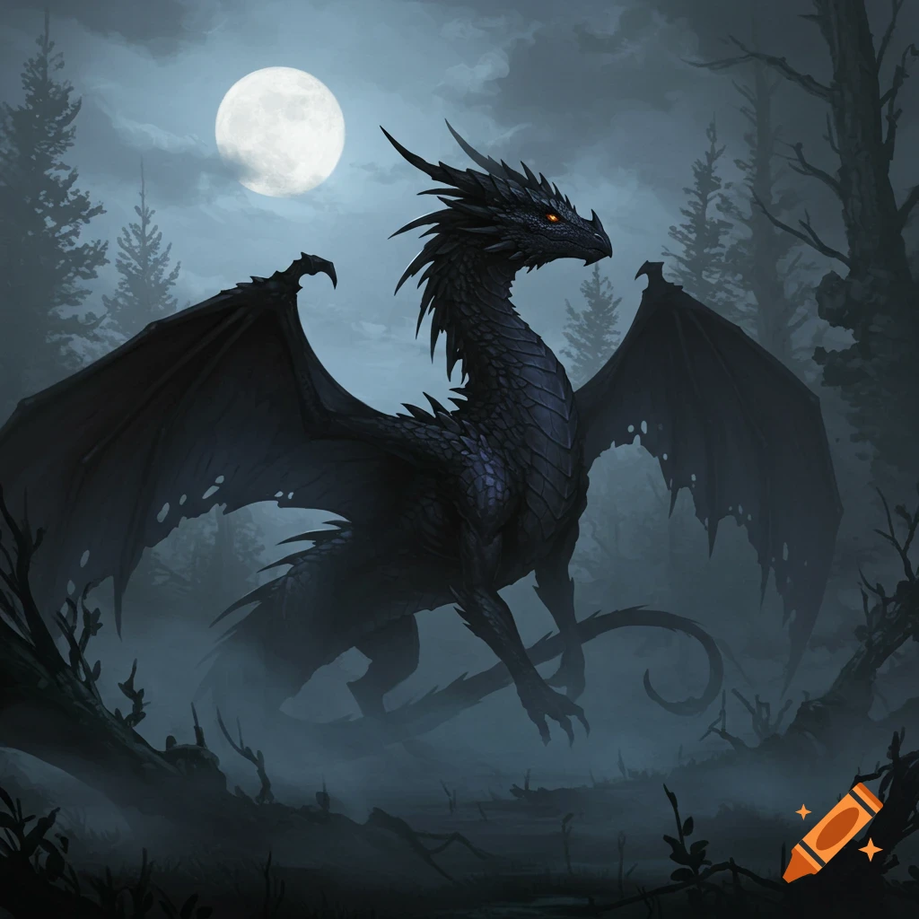 A dark, spiky dragon with glowing orange eyes stands in a misty, moonlit forest with tall, shadowy trees.