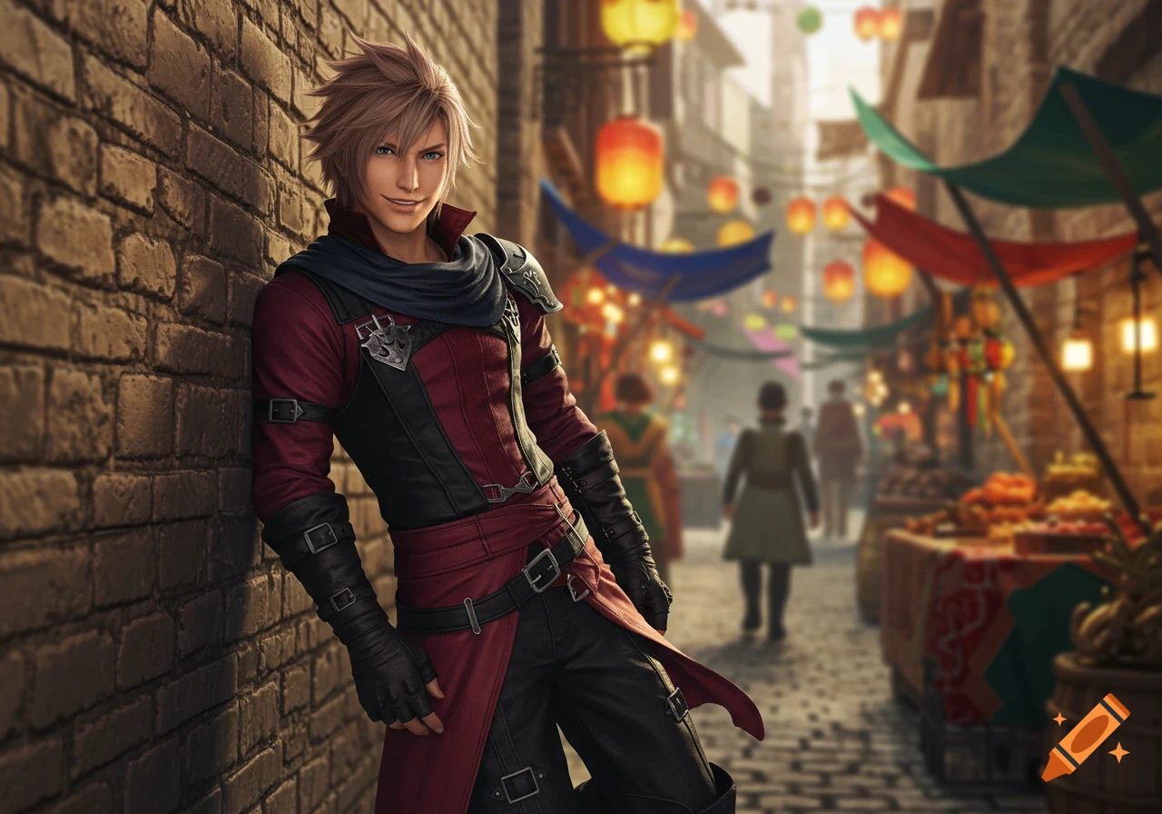 A dashing rogue with spiky blonde hair, wearing a red and black outfit, leans against a brick wall in a busy, colorful market alley.