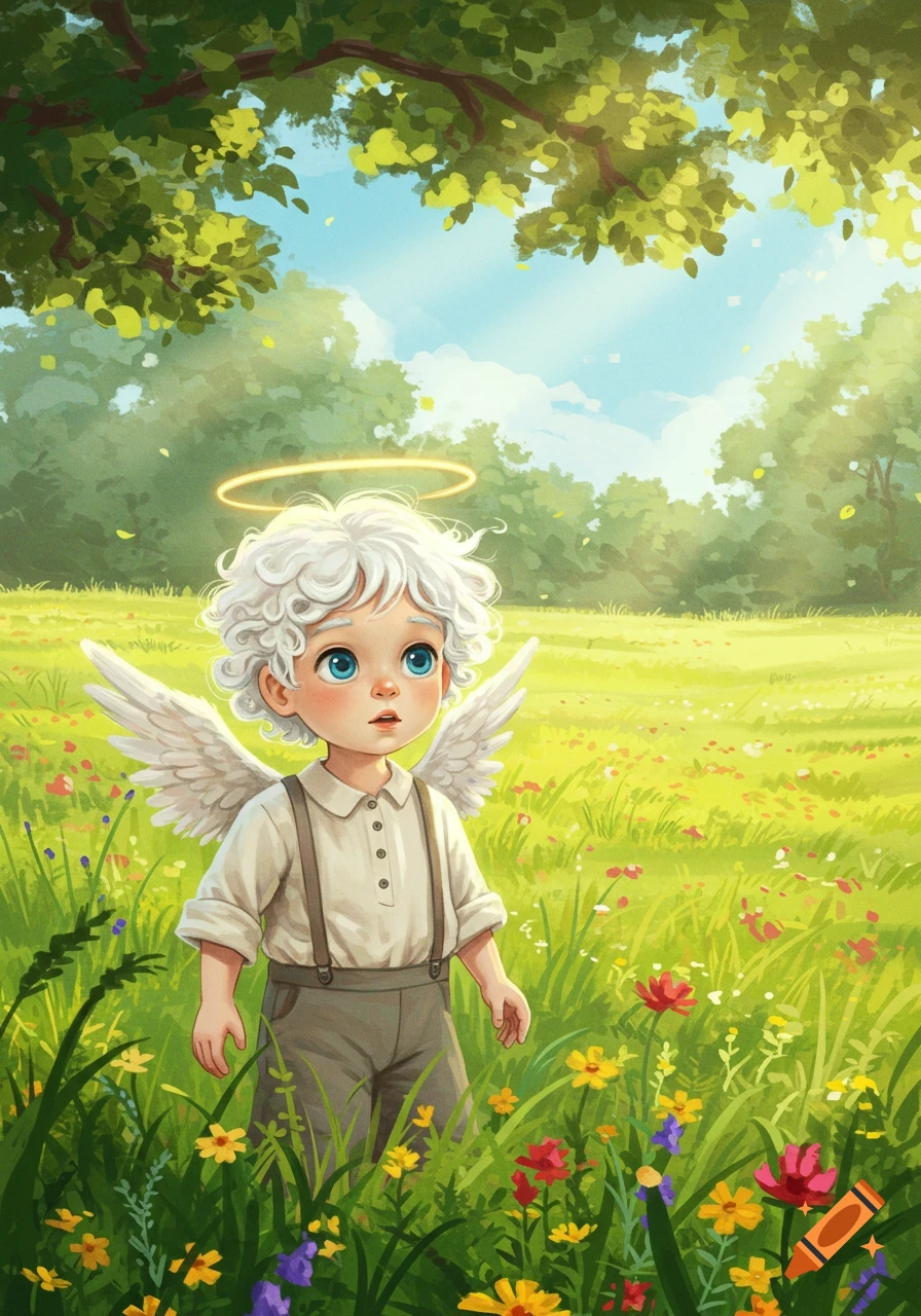 A cute curly-haired boy with a halo and wings stands in a vibrant green meadow filled with colorful flowers under a sunny sky, illustration.