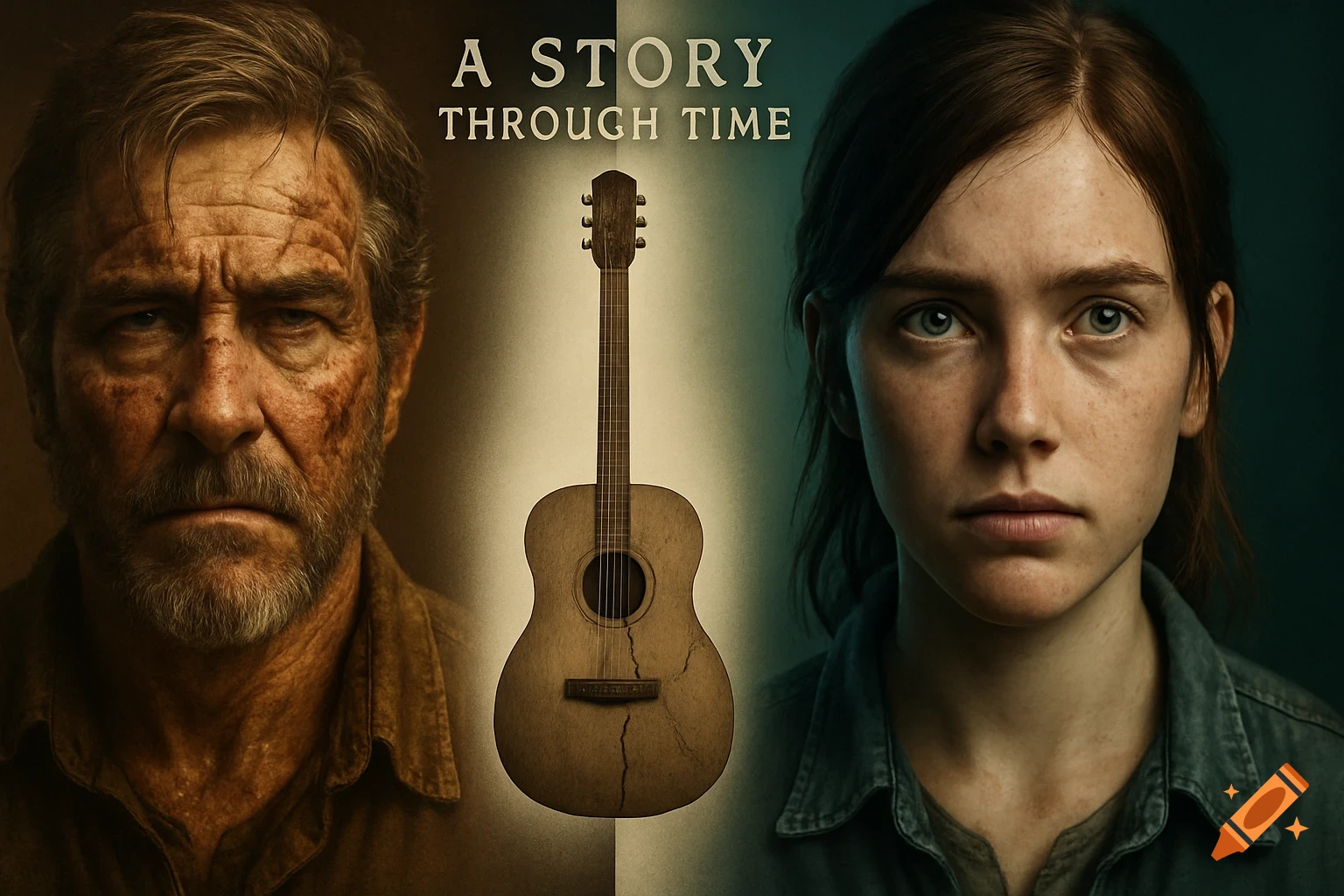 Cinematic split portrait of a rugged man and a young woman, with a broken acoustic guitar in the middle, under the text 'A STORY THROUGH TIME'.