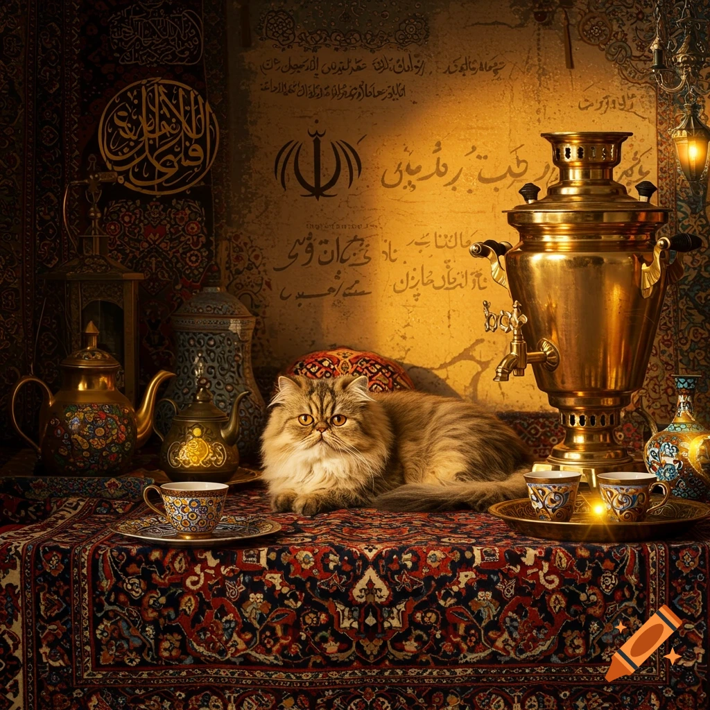 A fluffy Persian cat reclines on a patterned rug next to a golden samovar, ornate teapots, and cups in an Iranian-style room.
