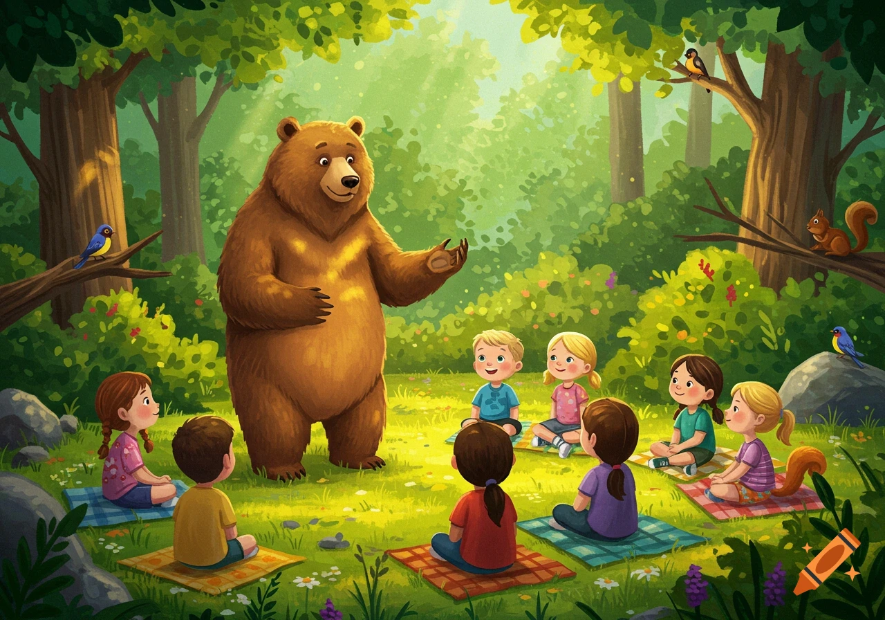A friendly brown bear teaches a group of diverse children sitting on mats in a bright, green forest clearing.