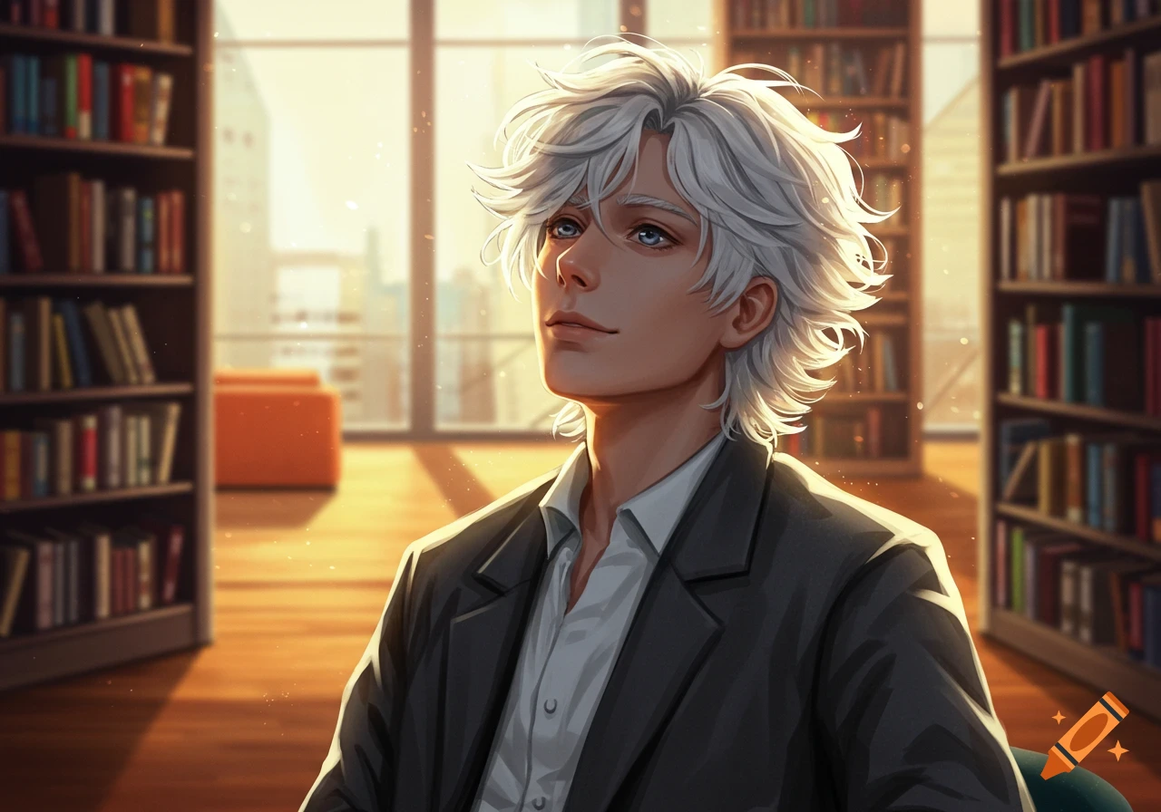 Anime illustration of a young man with messy white hair and blue eyes, looking up in a sunlit library.