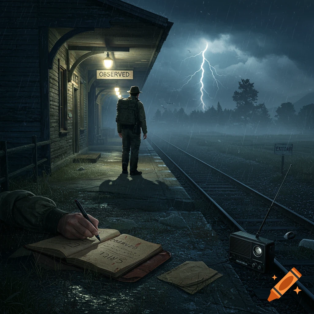 A man in a hat and backpack stands on a dark, rainy train platform with a lightning strike in the distance. In the foreground, a hand writes in a logbook next to a vintage radio.