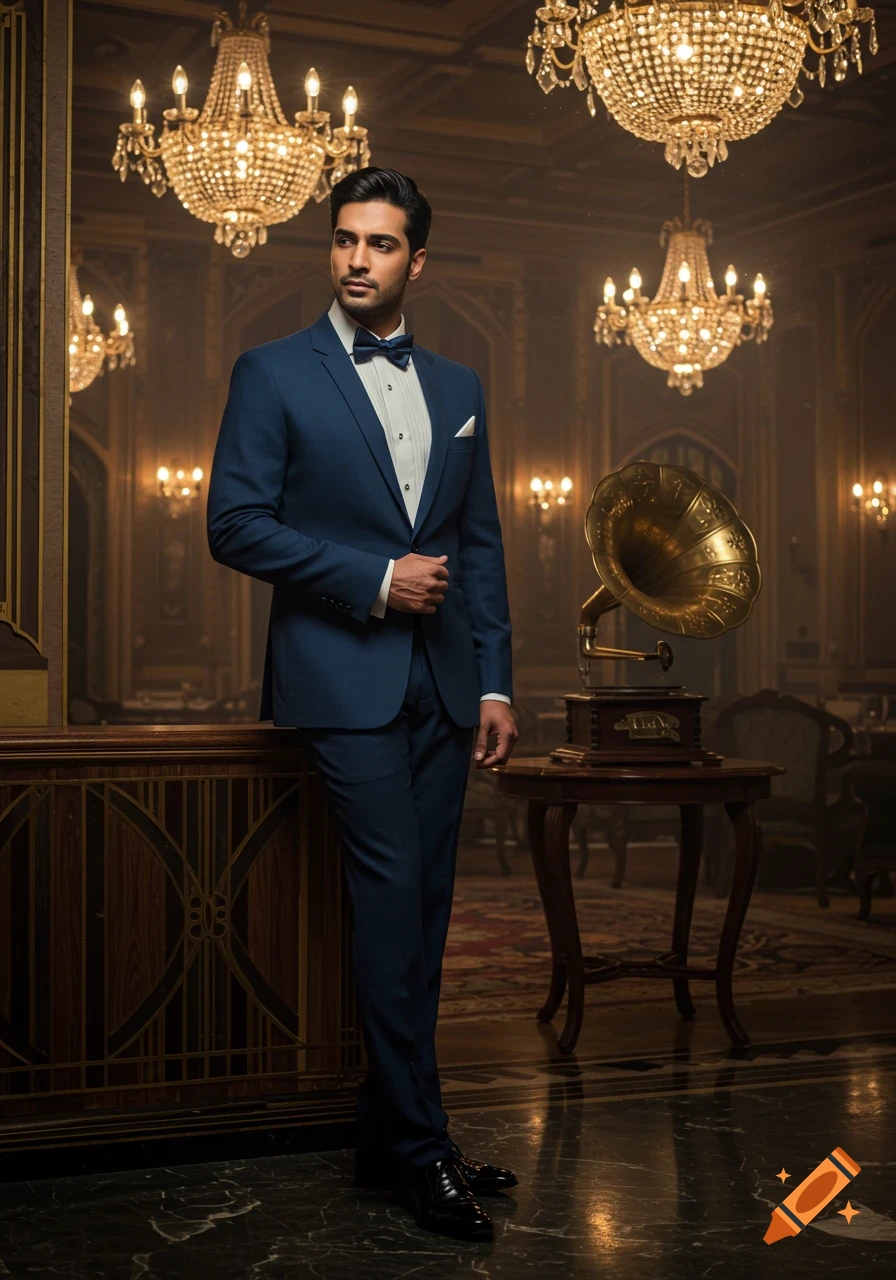 A man in a navy blue suit and bow tie stands in a luxurious room with crystal chandeliers and a vintage gramophone.