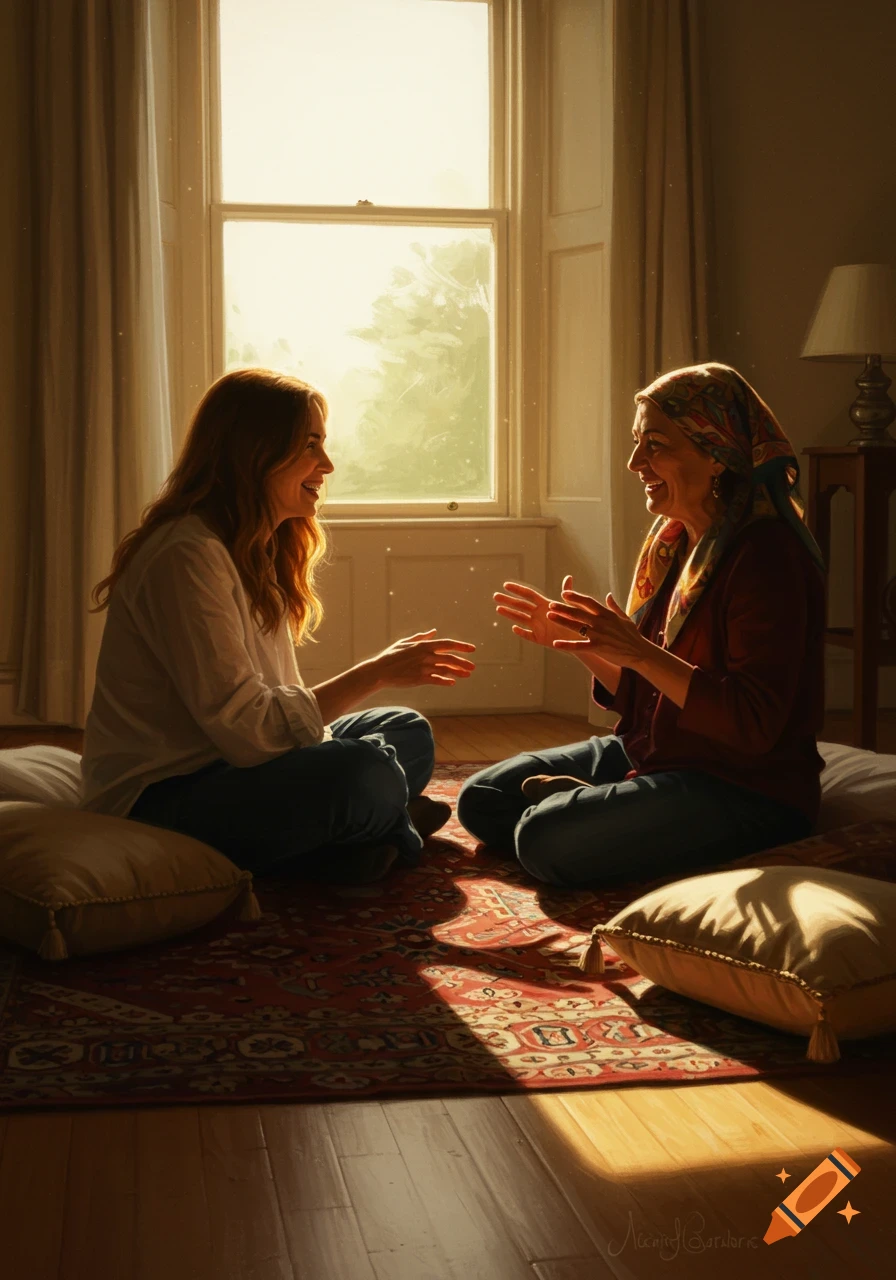 Two women, one older with a headscarf and one younger, sit cross-legged on a patterned rug by a sunlit window, smiling and talking. Photorealistic style.